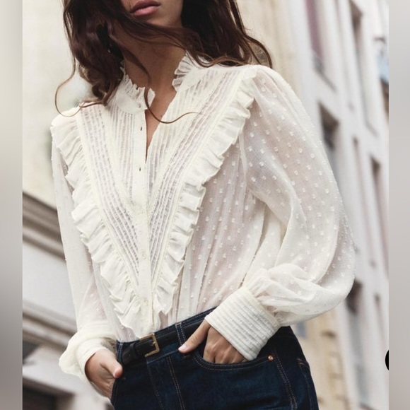 Zara Women’s Ruffled Swiss Dot Semi-Sheer Shirt - Size M - Picture 3 of 14